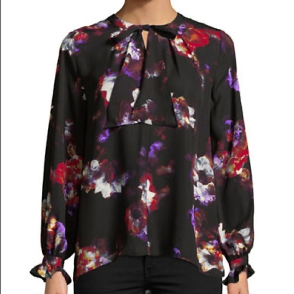 Ellen Tracy Printed Neck Tie Blouse